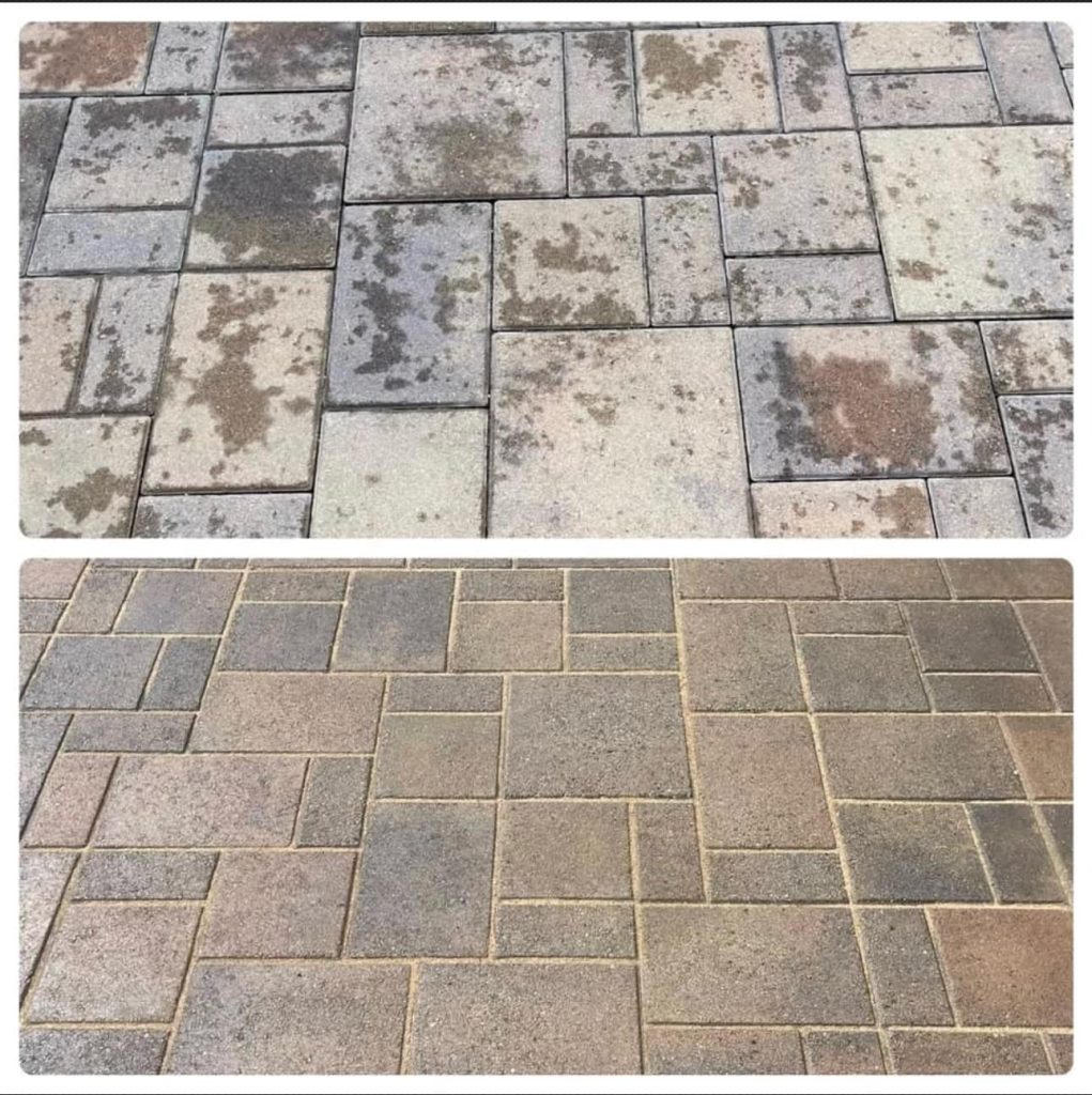 Before and after cleaning and sealing application to a brown brick pavement