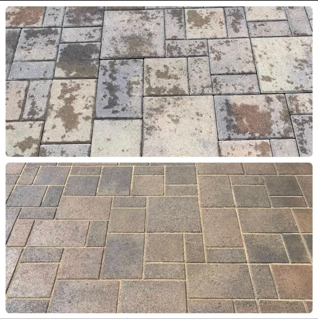 Before and after cleaning and sealing application to a brown brick pavement