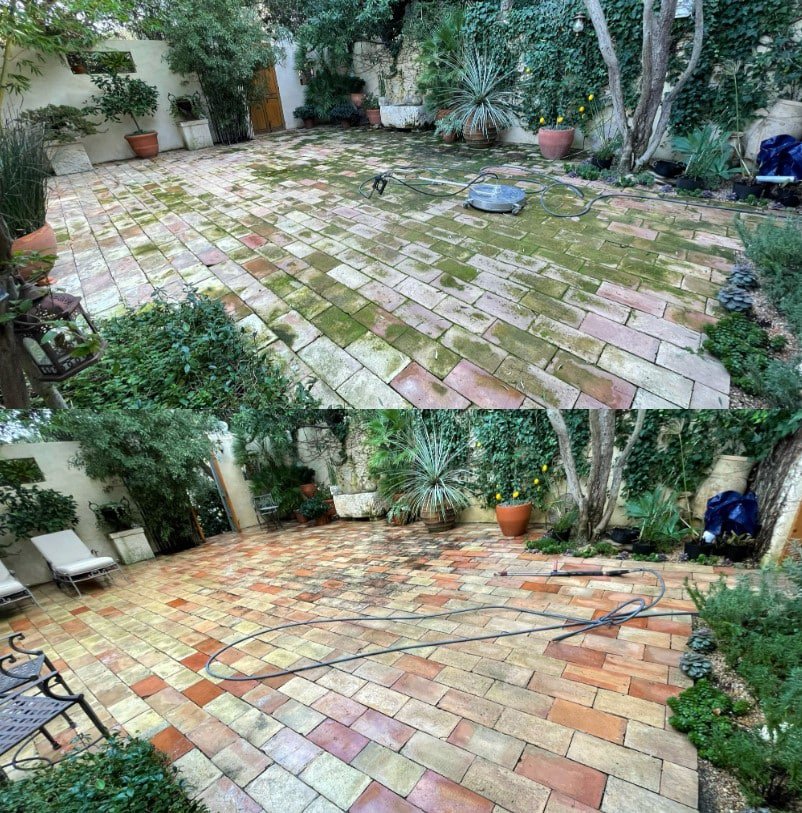 Before and after photo of an algae infested floor getting cleaning and sealing treatment